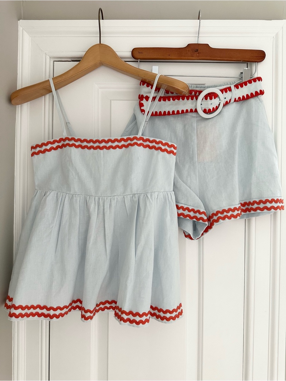 Linen Blend Top and Shorts Set with Ric Rac
